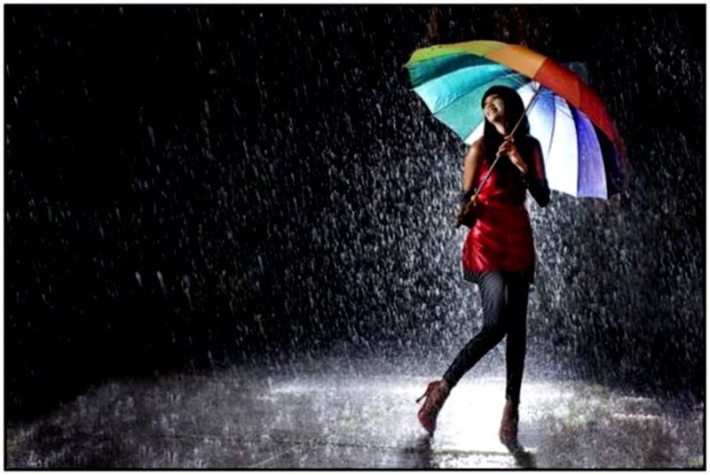 woman with rainbow umbrella in rain