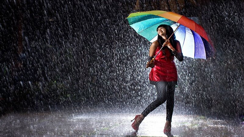 Woman with Rainbow Umbrella — Red, Dramatic