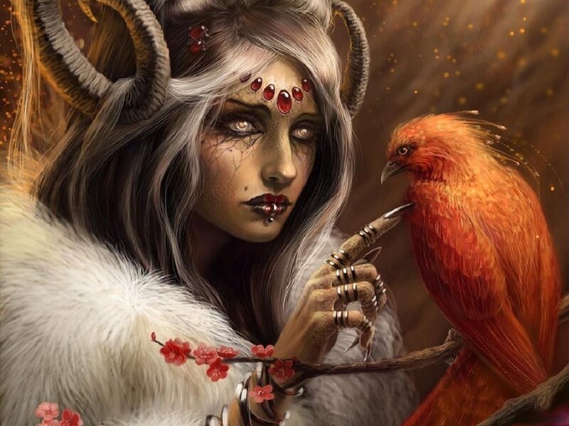 woman with ram horns and bird