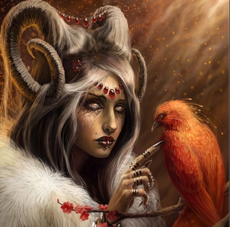 woman with ram horns and red bird