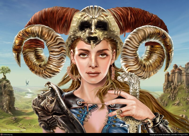 Woman with Ram Horns — Blue, Dramatic, Afternoon
