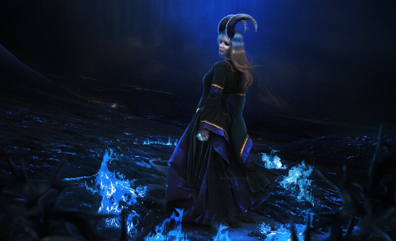 Woman with Ram Horns — Blue, Dramatic, Night, Digital Art, Blue Fire