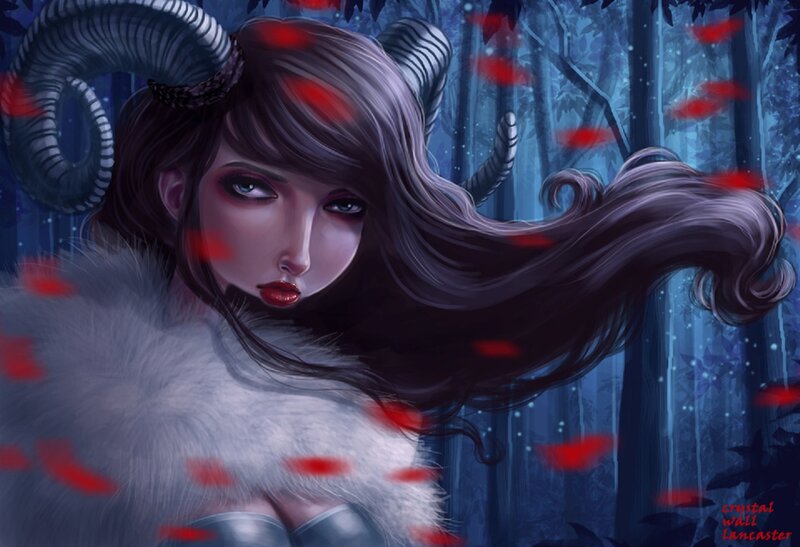 Woman with Ram Horns — Blue, Dramatic, Night, Digital Art