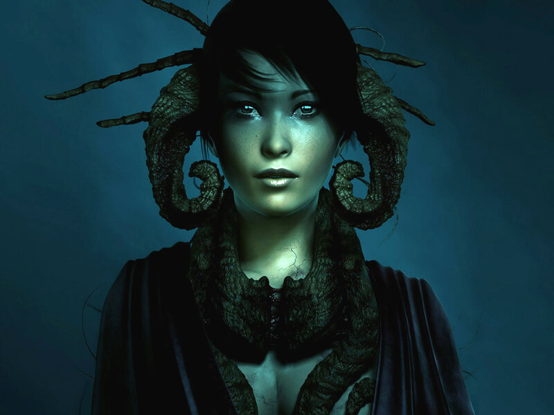 Woman with Ram Horns — Blue, Dramatic, Night
