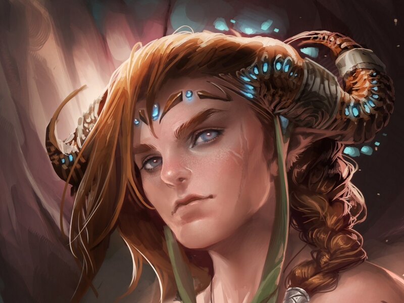 Woman with Ram Horns — Brown, Dramatic, Digital Art