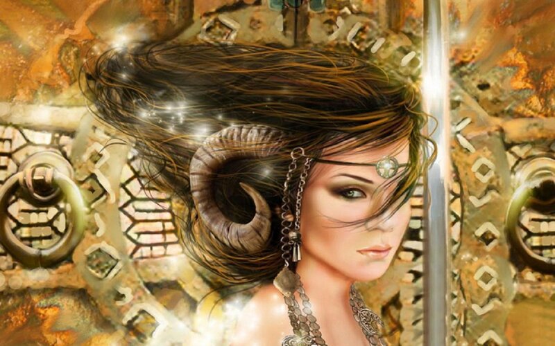 Woman with Ram Horns — Brown, Dramatic