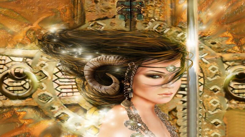 Woman with Ram Horns — Gold, Dramatic, Digital Art