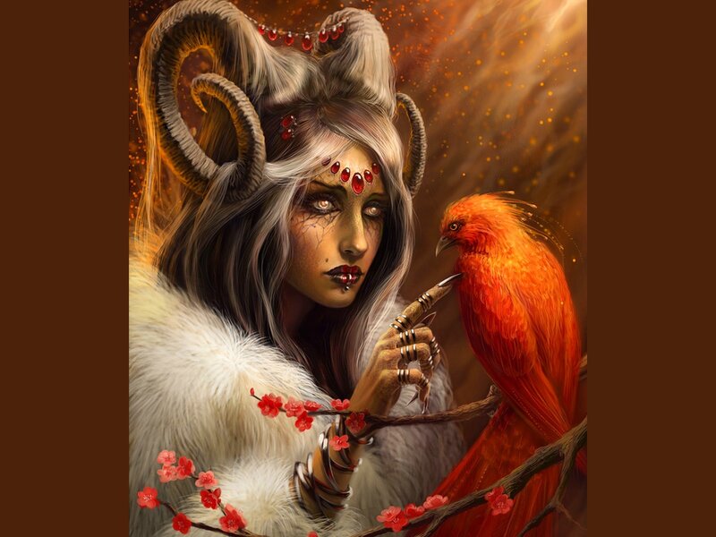 Woman with Ram Horns — Red, Dramatic, Digital Art, Bird