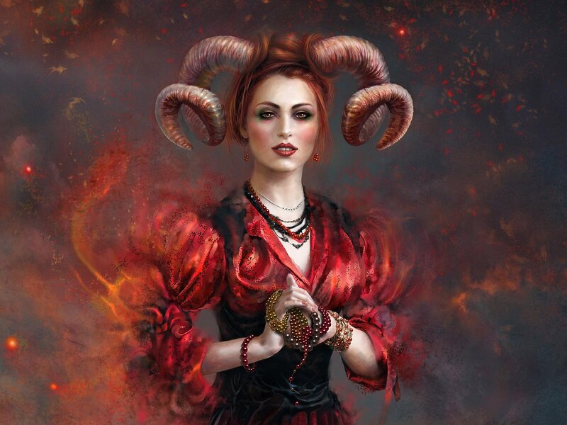 Woman with Ram Horns — Red, Dramatic, Digital Art, Ram Horns