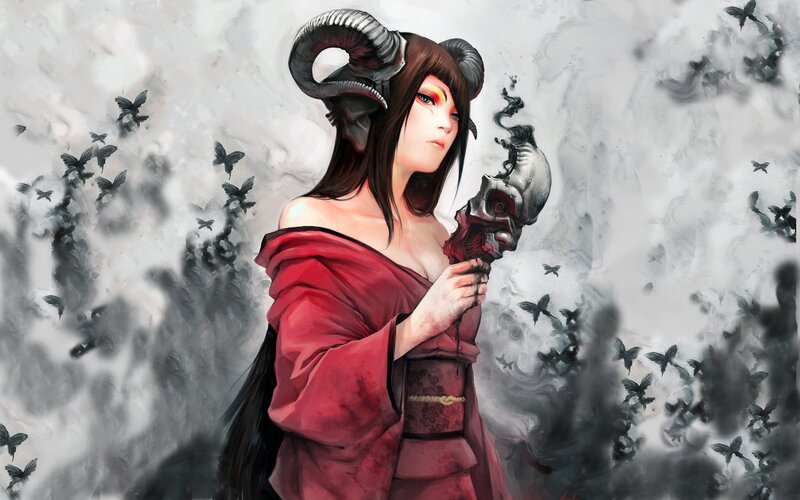 Woman with Ram Horns — Red, Dramatic, Digital Art, Skull, Butterflies, Red Robe