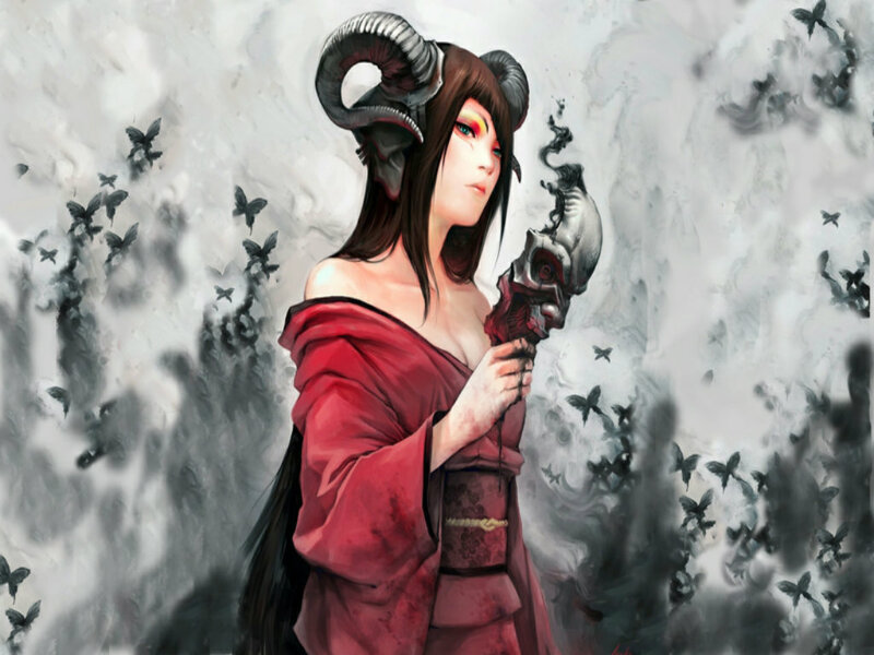 Woman with Ram Horns — Red, Dramatic, Digital Art, Skull