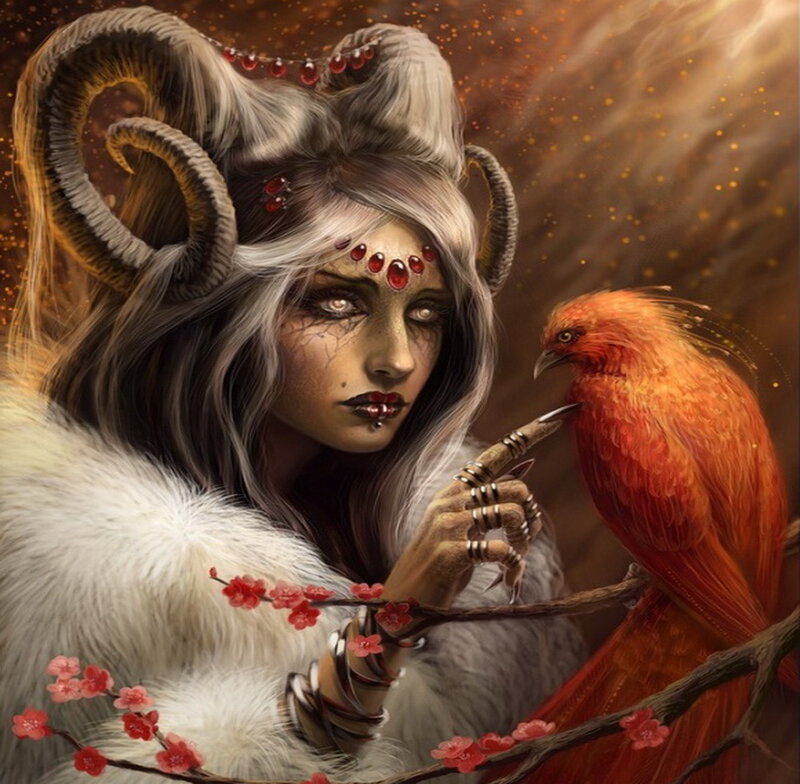 Woman with Ram Horns — Red, Dramatic, Digital Art
