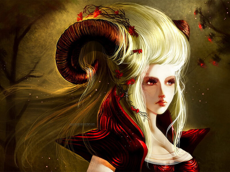 Woman with Ram Horns — Red, Dramatic, Night