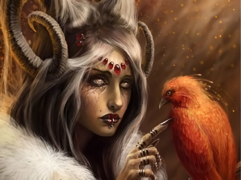 Woman with Ram Horns — Red, Dramatic