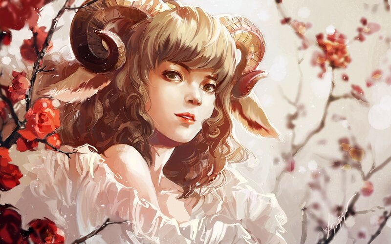 Woman with Ram Horns — Red, Serene, Spring
