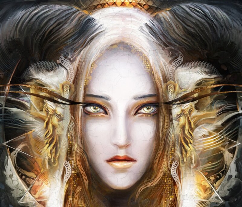 Woman with Ram Horns — White, Dramatic, Digital Art