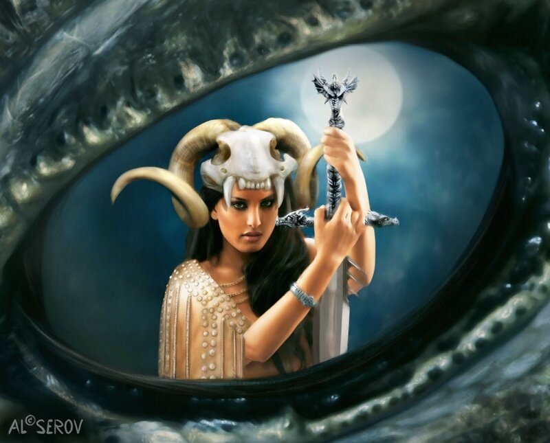 Woman with Ram Skull Helmet
