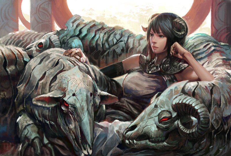Woman with Ram Skulls