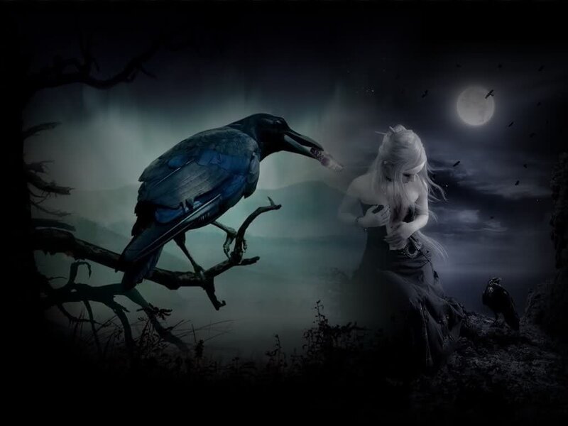 Woman with Raven — Black, Dark