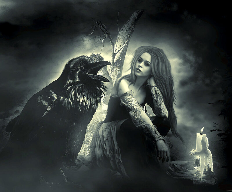 Woman with Raven — Black, Dramatic, Night, Digital Art
