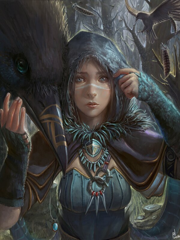 Woman with Raven — Blue