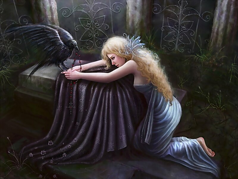 Woman with Raven in a Forest