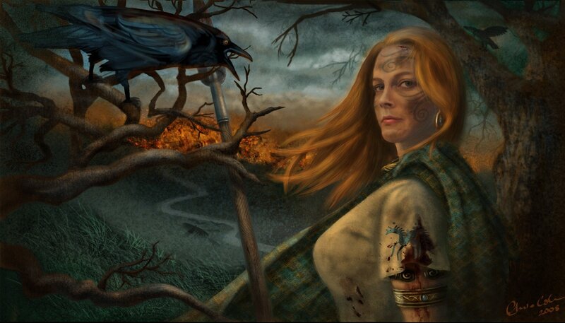 woman with ravens in forest