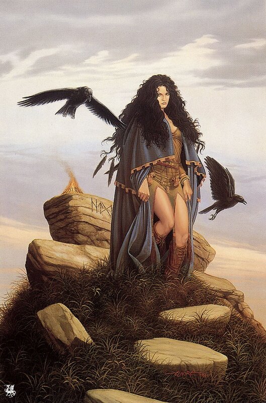 Woman with ravens on a hill