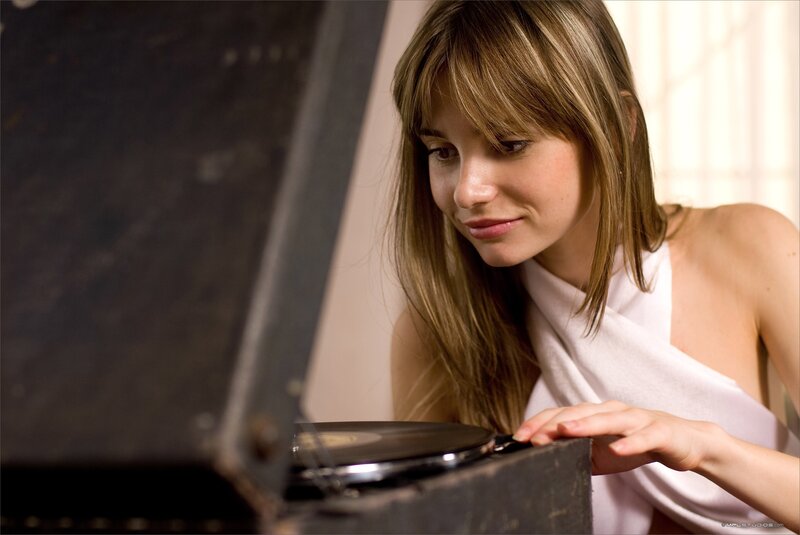 woman with record player