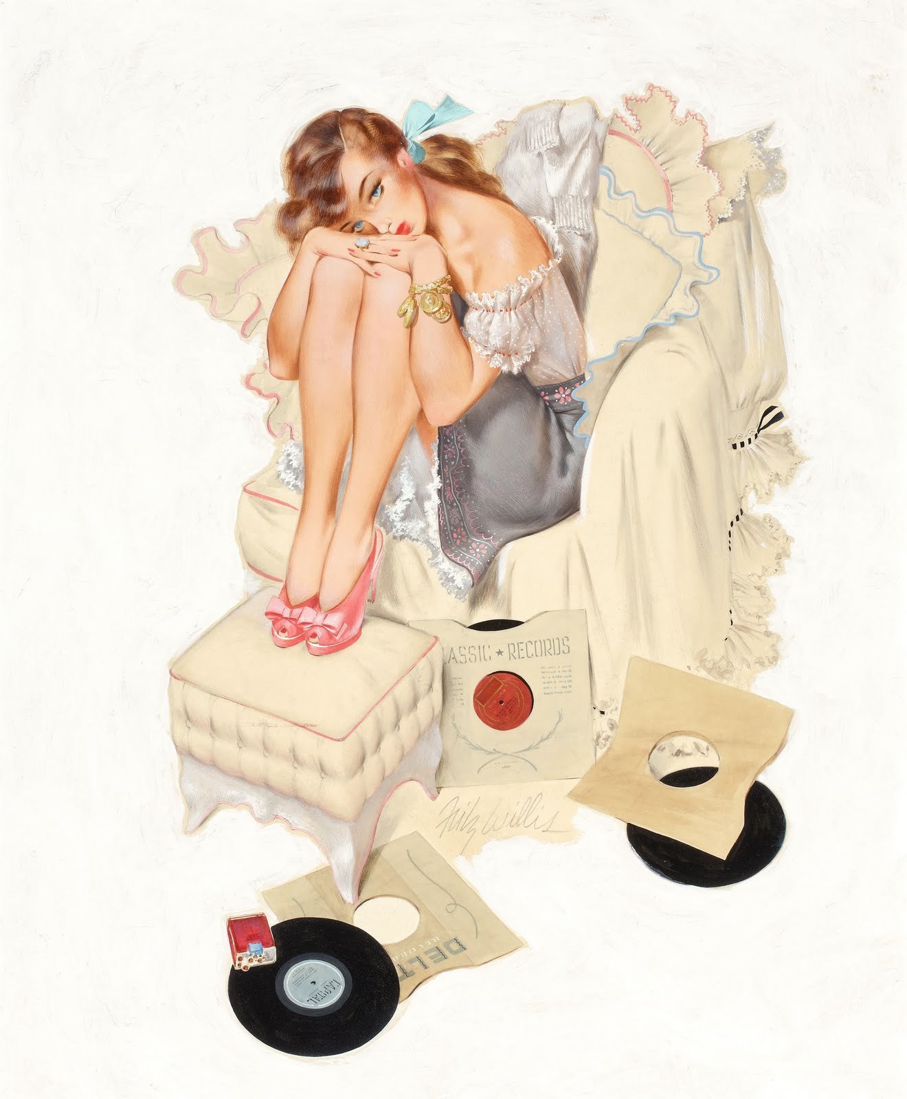 woman with records on couch