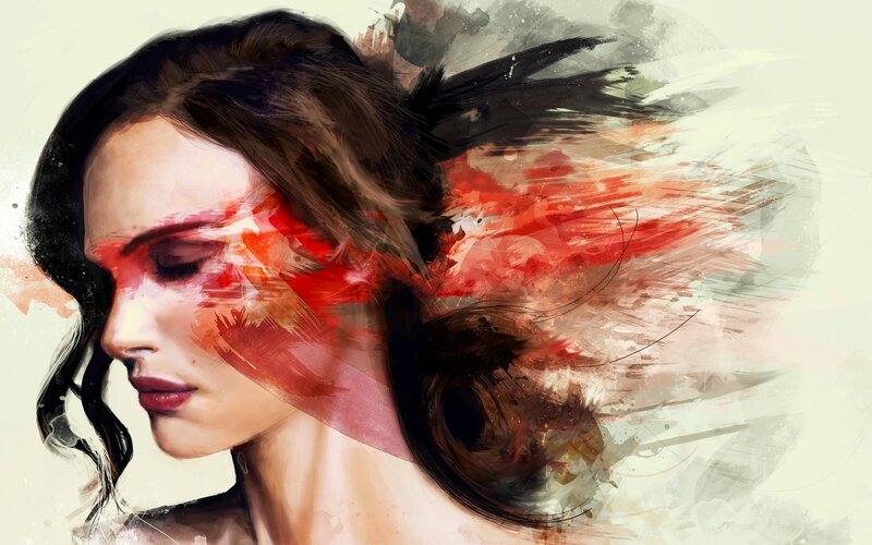 woman with red abstract art