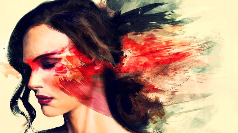 woman with red abstract art