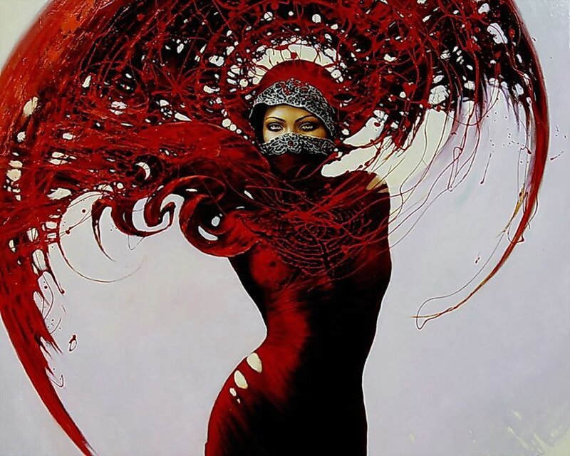 woman with red abstract swirls