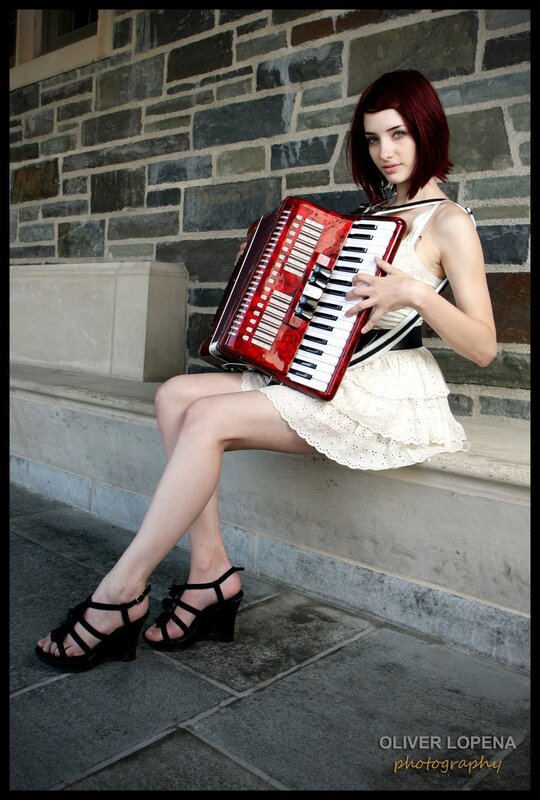 woman with red accordion