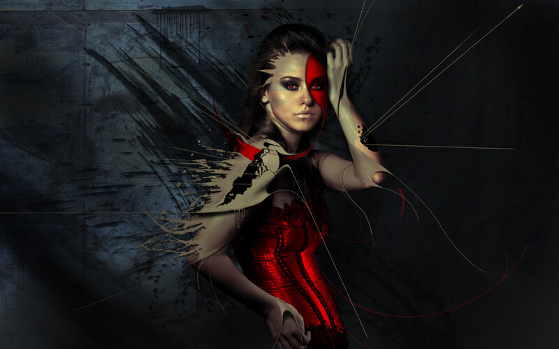 woman with red and black face art