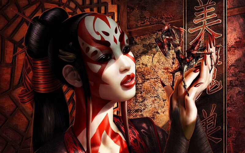 woman with red and white face paint