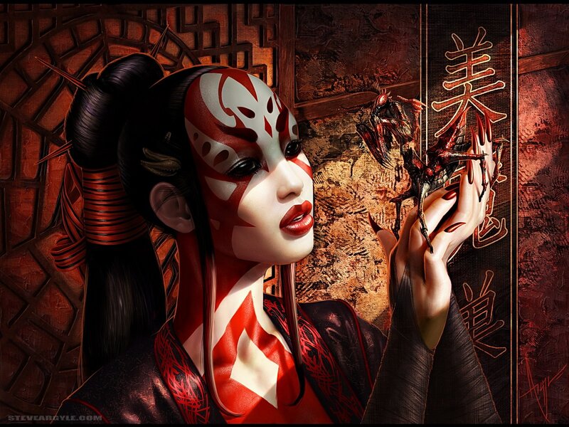 woman with red and white face paint