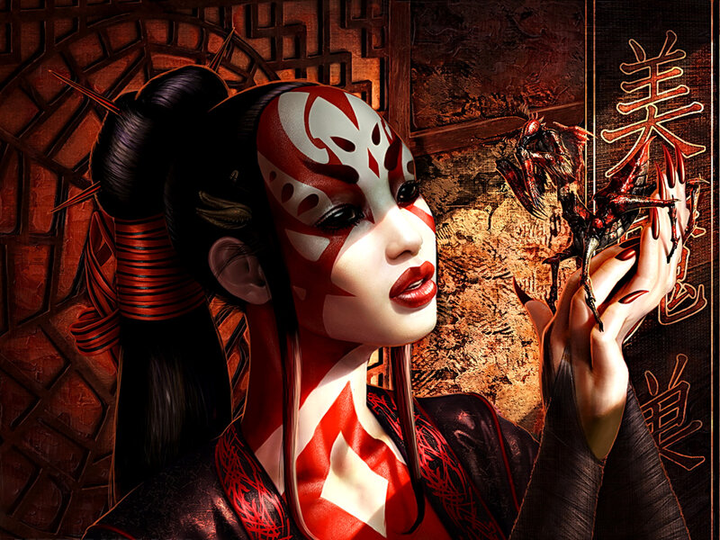 woman with red and white face paint
