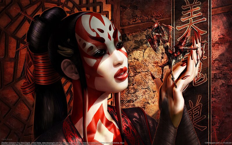 Woman with Red and White Face Paint — Dramatic