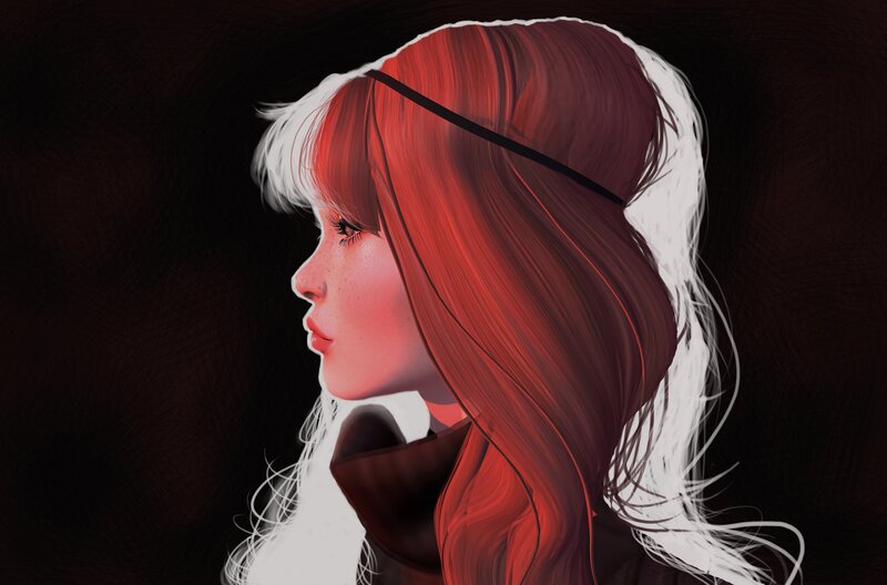 Woman with Red and White Hair — Dramatic