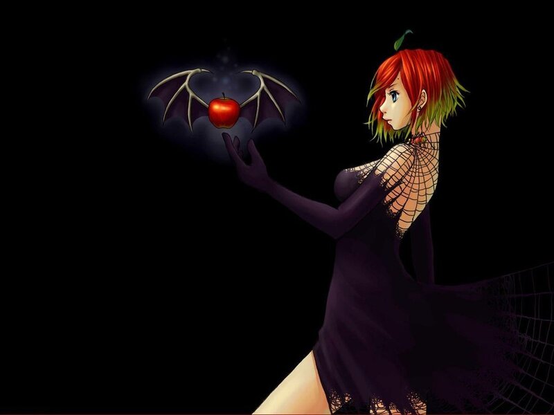 woman with red apple and bat wings
