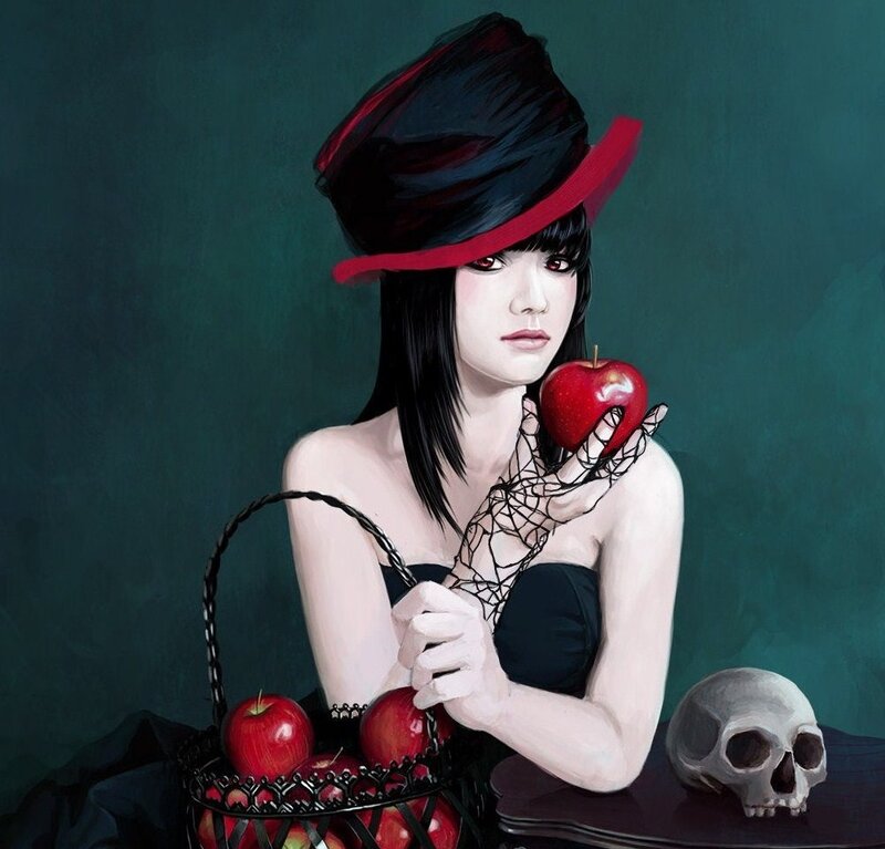 woman with red apple and skull