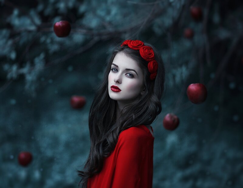 Woman with Red Apples — Dramatic, Night