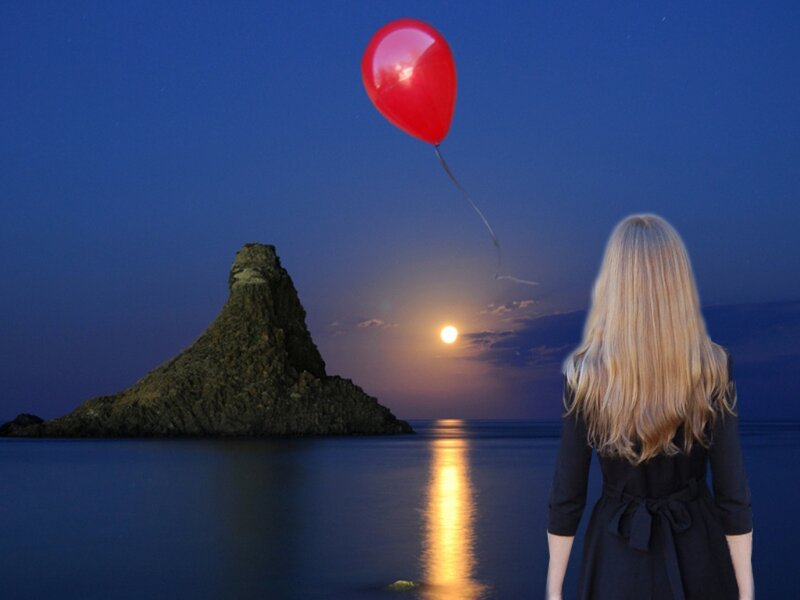 Woman with Red Balloon — Blue