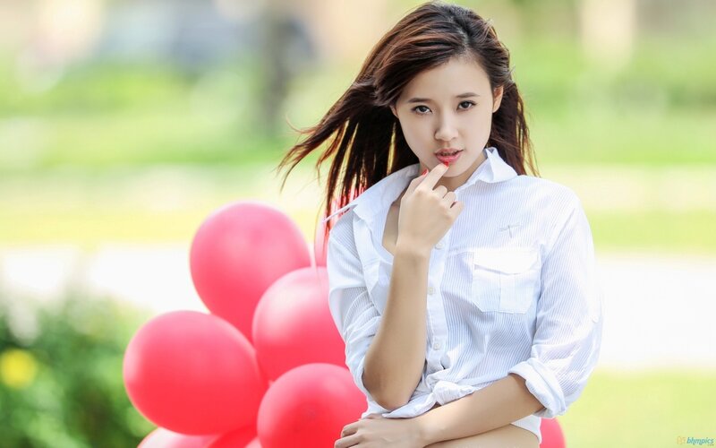 Woman with Red Balloons — White