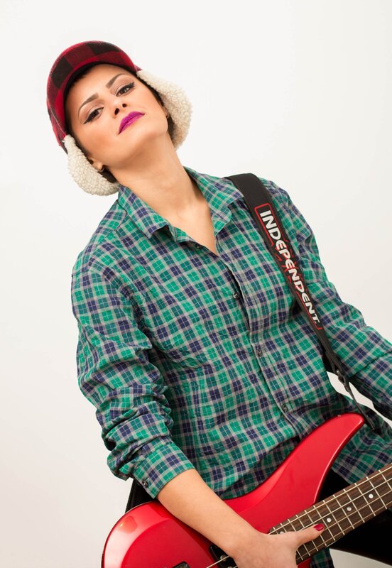 woman with red bass guitar