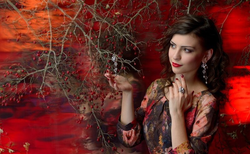 Woman with Red Berries — Dramatic, Photograph, Branches