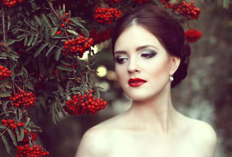 Woman with Red Berries — Dramatic, Photograph, Red Berries