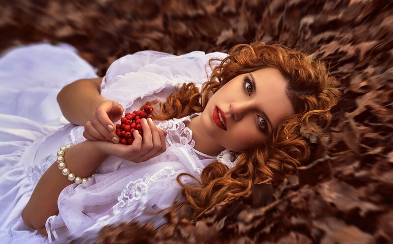 Woman with Red Berries — White, Dramatic, Autumn