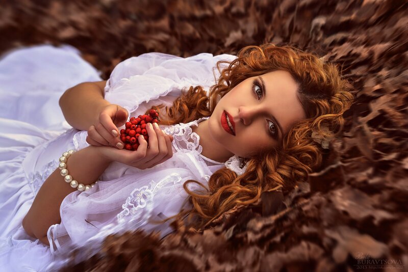 Woman with Red Berries — White, Dramatic